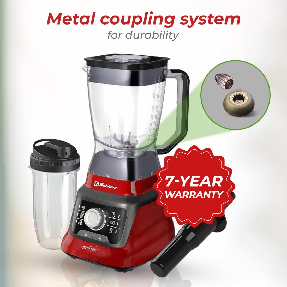 Koblenz Licuadora Profesional LKM-9608 PRO, 1400 Watts, Velocidad Ajustable, 6 programas y Función de Pulso, Ultra Silenciosa, Vaso Plástico de 2 L, Vaso Portátil de 900ml, Más Accesorios, Color Rojo