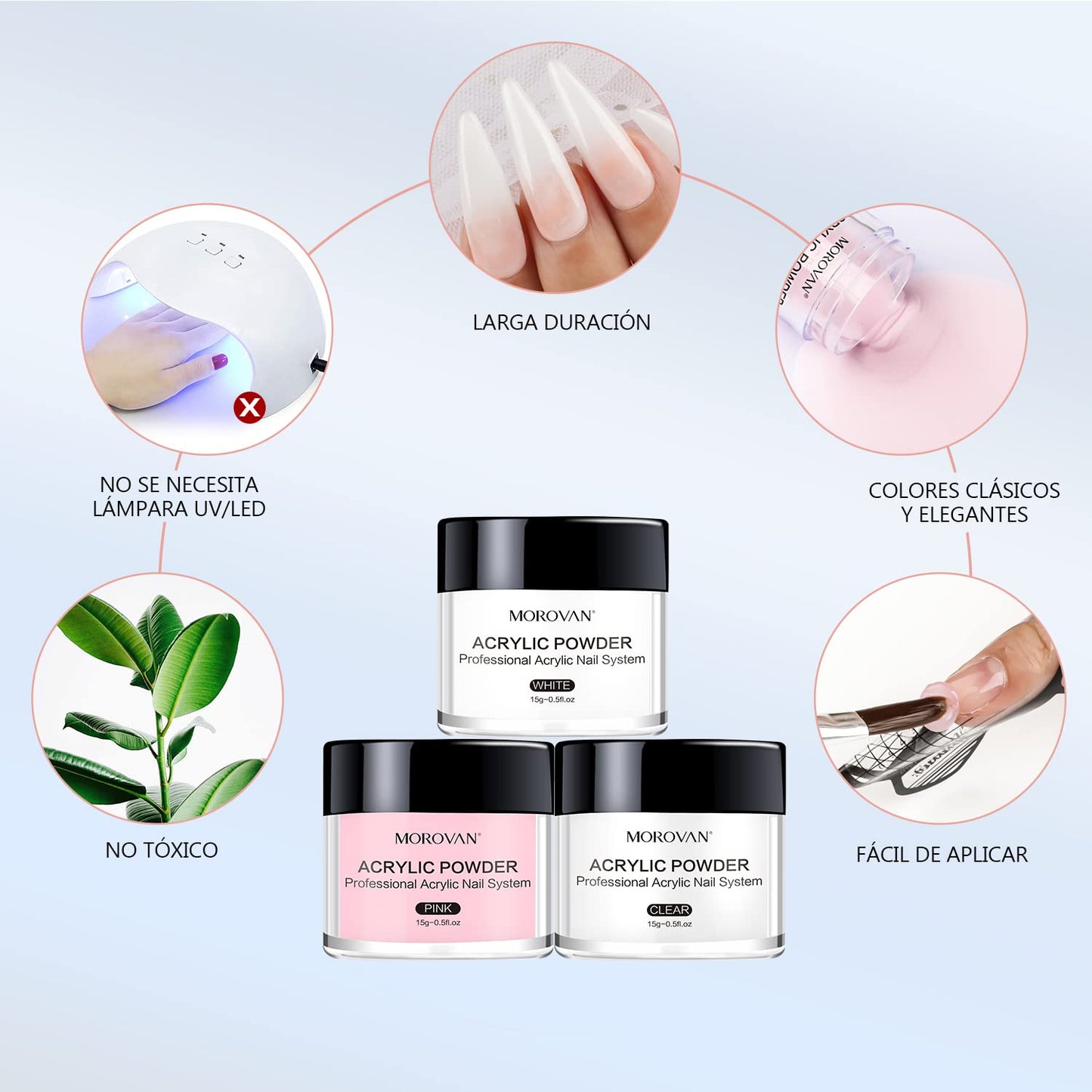 Morovan Polvo Acrílico para Uñas Kit (3 Colores) - Ideal para Principiantes