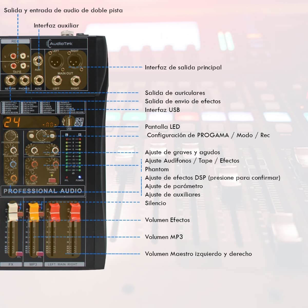 AUDIOTEK Mezcladora de Sonido 12 Canales 24 Efectos Mixer USB Interfaz Bluetooth DJ Potencia de 40 W Entrada para Auriculares Phantom Power Consola de Audio Mezcladoras Reproductor y Grabador MP3