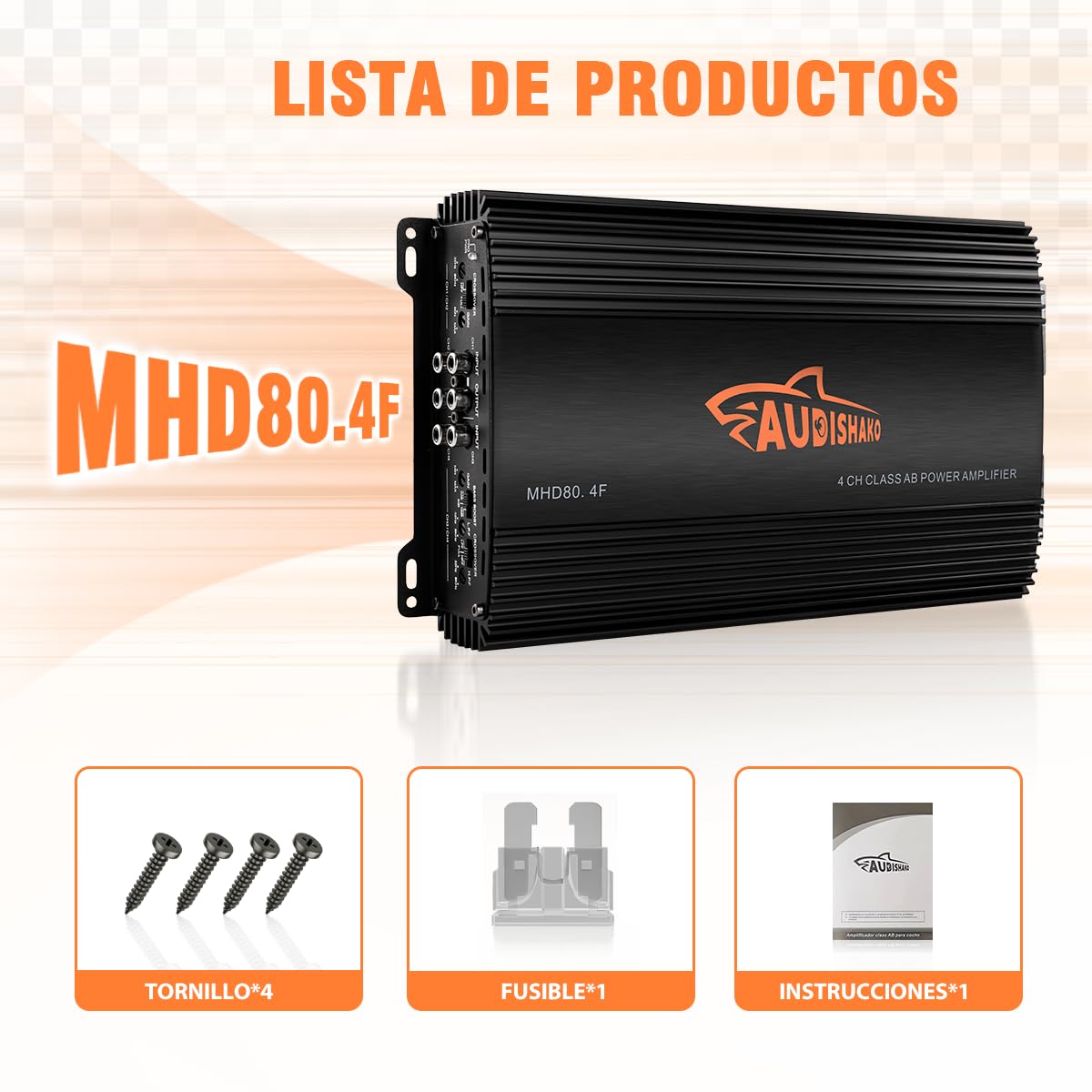 AUDISHAKO 1200W Amplificador de Audio para Coche de 4 Canales,Amplificador para Auto de Clase A/B, 2 Ohm 160W x 4 Canales, Coches Deportivos y Otros Sistemas de Audio para Coche