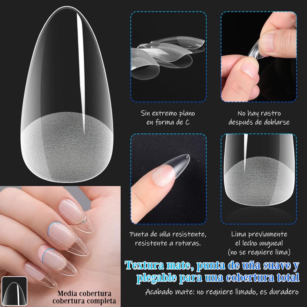 BSOON 480 Pcs Half Matte Short Full Cover Nail Tips False Fake Clear Acrylic Press on Nails for DIY Nail Extension and Salon Use (polvo negro)