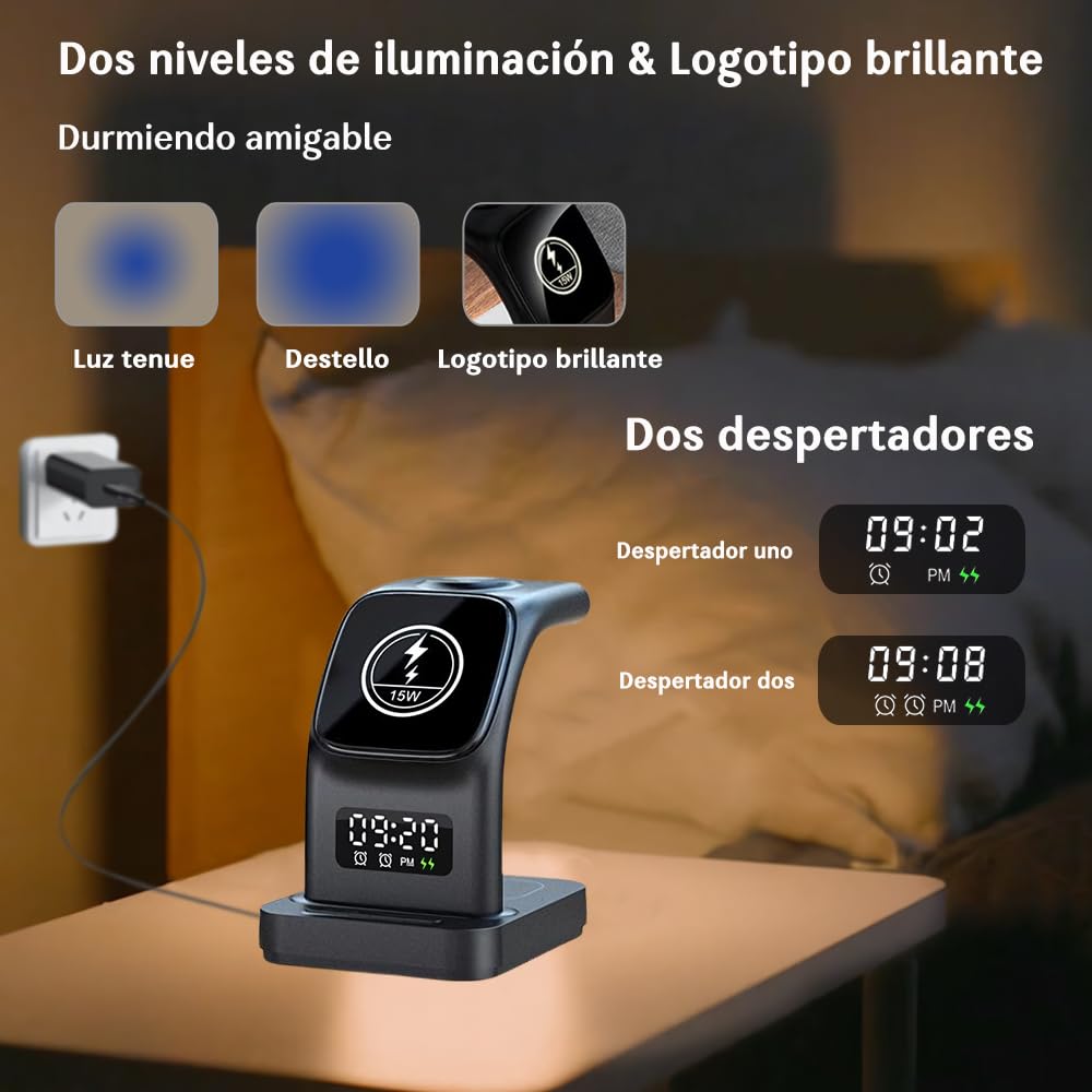 AHED Cargador Inalámbrico Magnético 5 en 1, Estación de Carga de 15W con Luz LED, Compatible con Magsafe, Adecuado para iPhone 15/14/13/12/11/10/9/8/SE/Pro/ProMax/Mini, AirPods, iWatch (Blanco)