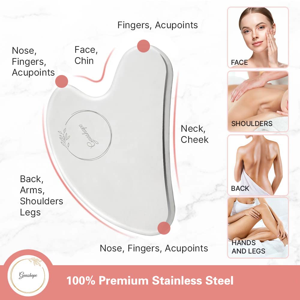GUASHAPE Gua Sha - Herramientas faciales de acero inoxidable, herramienta Guasha para esculpir la cara, moldear, levantar, apretar, reducir la hinchazón, alivio de tensión, herramienta de masaje Gua Sha de metal para cara y cuerpo, color plateado