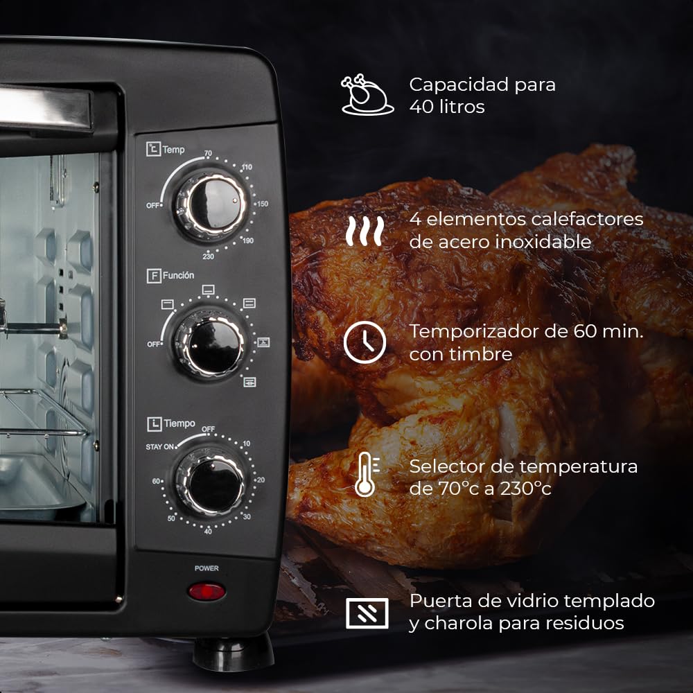 DAEWOO Horno tostador de 40 L Daewoo DOT-1666 con control de temperatura ajustable y temporizador y puerta de vidrio templado
