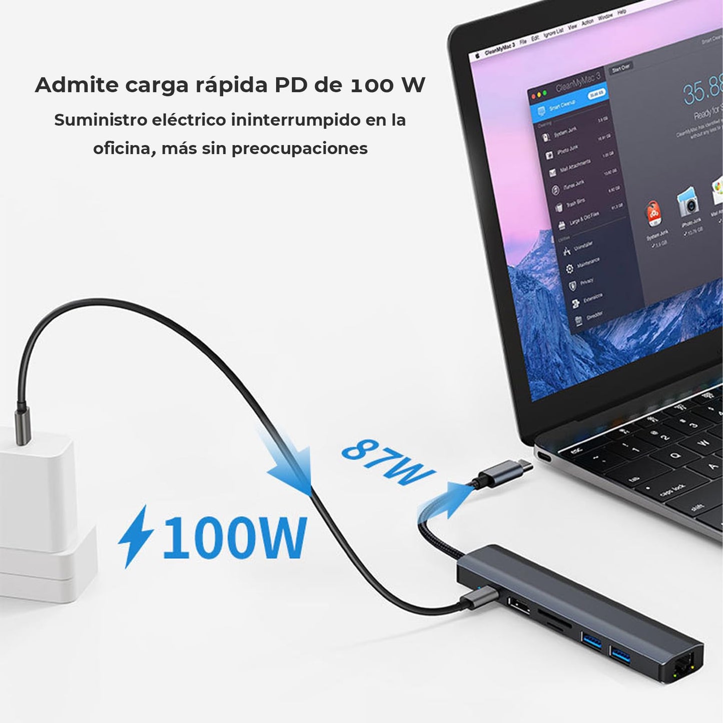Adaptador USB C WULAR 7 en 1 HDMI 4K Gigabit Ethernet Carga 100W para MacBook, iPad, DELL, Switch y Steam Deck