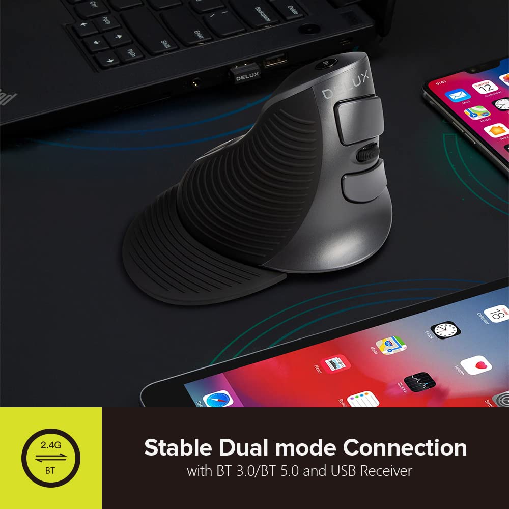 DELUX Mouse ergonómico inalámbrico recargable, Mouse vertical con Bluetooth, mouse optico con 1600 DPI para reducir el dolor de mano y muñeca, 2.4GHz con receptor USB y Bluetooth, 6 botones y reposamanos extraíble (M618G DB-Negro)