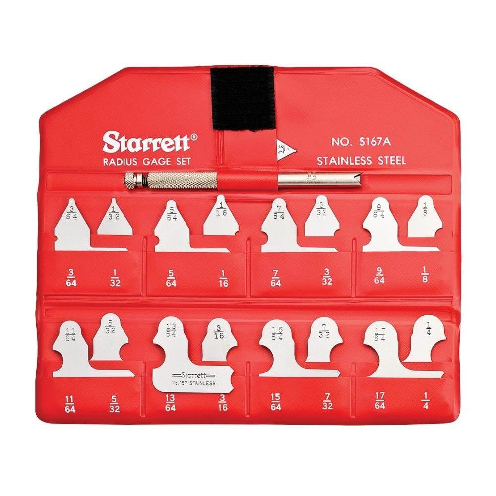 Starrett - Juego de calibradores de radio para radios convexos y cóncavos con soporte Starrett 110, acero inoxidable, 17 medidores, medidor de radio de 1/64-17/64 pulgadas, lectura en pulgadas -