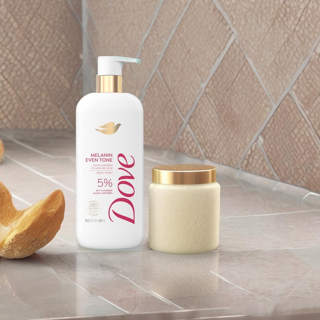 Dove Exfoliating Body Wash Melanin Even Tone promueve un tono uniforme de la piel 5% suero pro-ceramida con BHA 18.5 oz