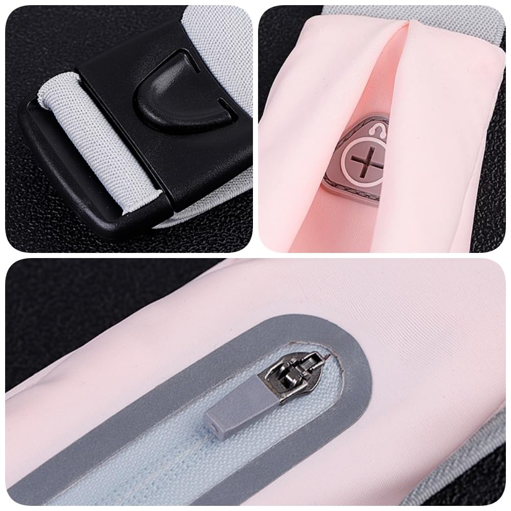 THJOPOKEEL Riñonera/Cangurera para Corredores con sistema antirrobo y orificio para auriculares - Tejido elástico de lycra impermeable - El regalo ideal para amantes del running (Rosa)
