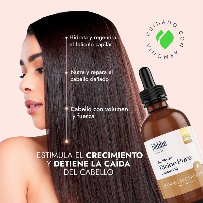 Hebbe - Aceite de Ricino 50 ml. 100% Puro, Hidratante y Antiinflamatorio, Ideal para Piel y Cabello