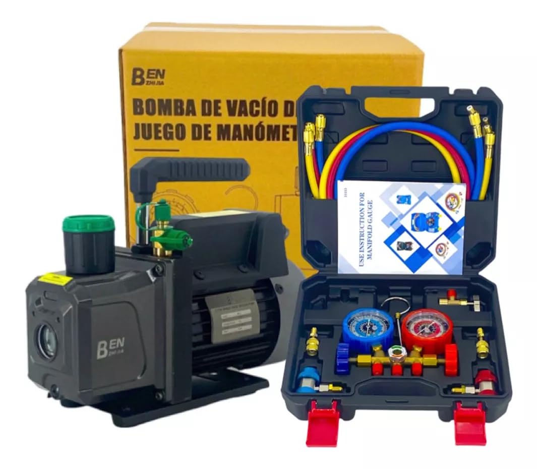 FIXITFAST 5cfm 1/3hp Bomba De Vacío + Manómetro R134a/r22/r410a/r404a juego de manómetros de colector de 4 vías para refrigerantes para refrigeración HVAC A/C recarga y mantenimiento, sin aceite