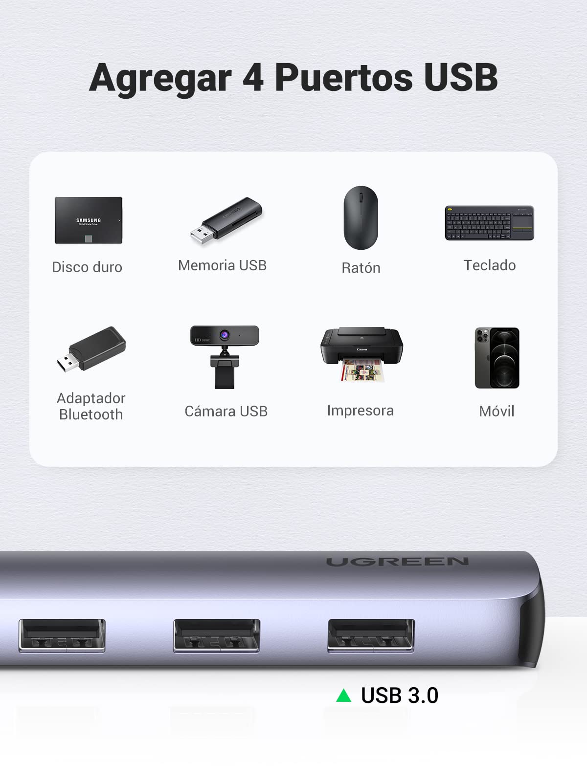 Adaptador USB C UGREEN Gris 5 en 1 con HDMI 4K y 4 Puertos USB 3.0 Compatible para MacBook Pro iPad y Galaxy Note