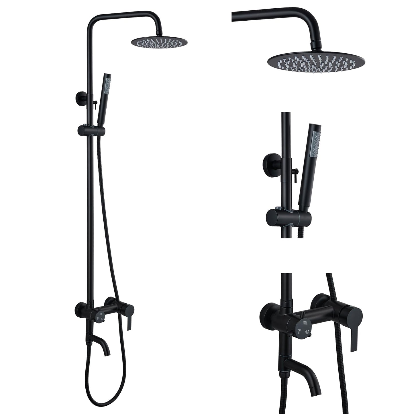 Juego de sistema de ducha con pulverizador de mano y boquilla de tina de acero inoxidable negro mate, mango cilíndrico de 20,32 cm, cabezal de ducha de lluvia, grifo de ducha, montaje en pared, triple función