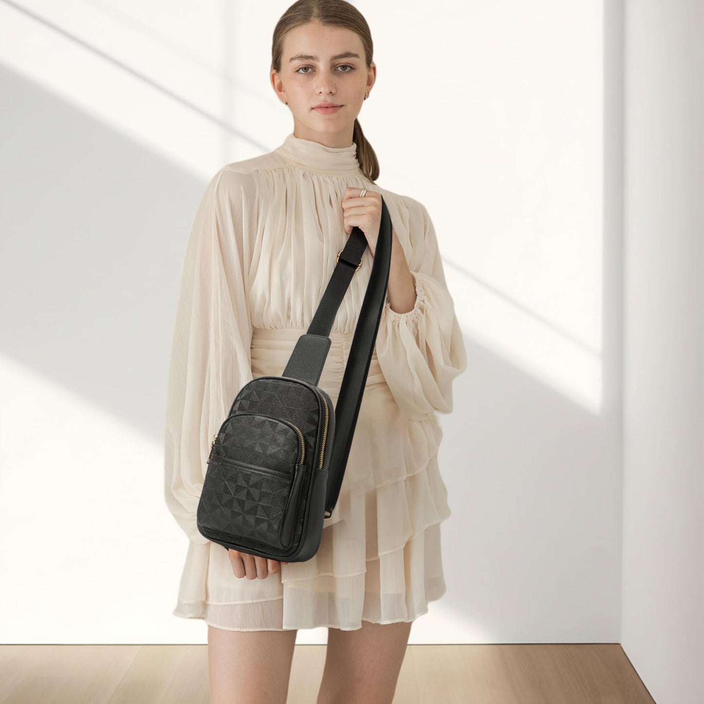 Anck Riñonera Bandolera para Mujer, Bolso Pequeño en el Pecho, Diseño a Cuadros, 996-G-YH-Negro, Estilo Casual, Moda Relajada