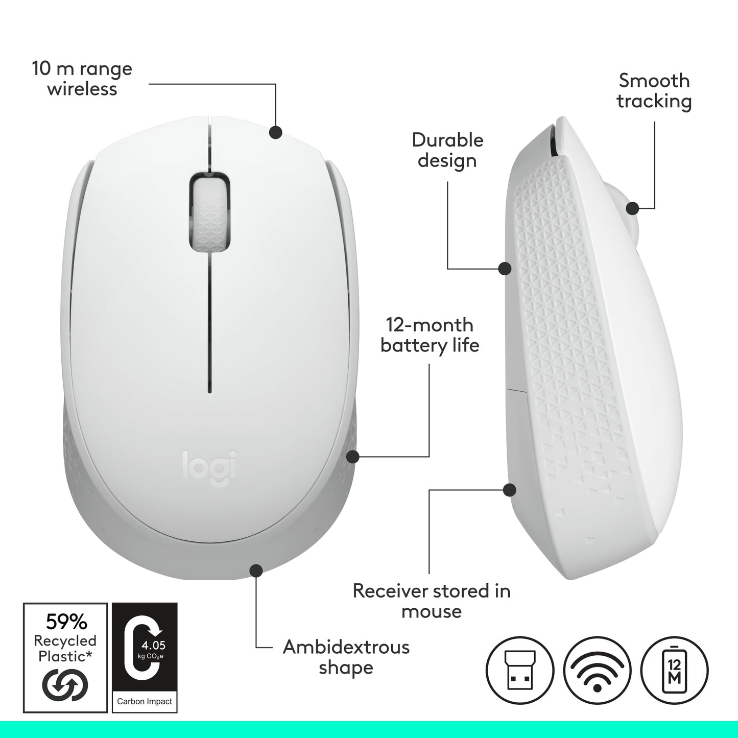 Logitech M170 Mouse Inalámbrico, con tecnología 2,4 GHz, batería de hasta 12 Meses con Modo Ahorro, Receptor USB, Cursor y Desplazamiento Preciso, Compatible con Windows, Mac y Chrome - Blanco