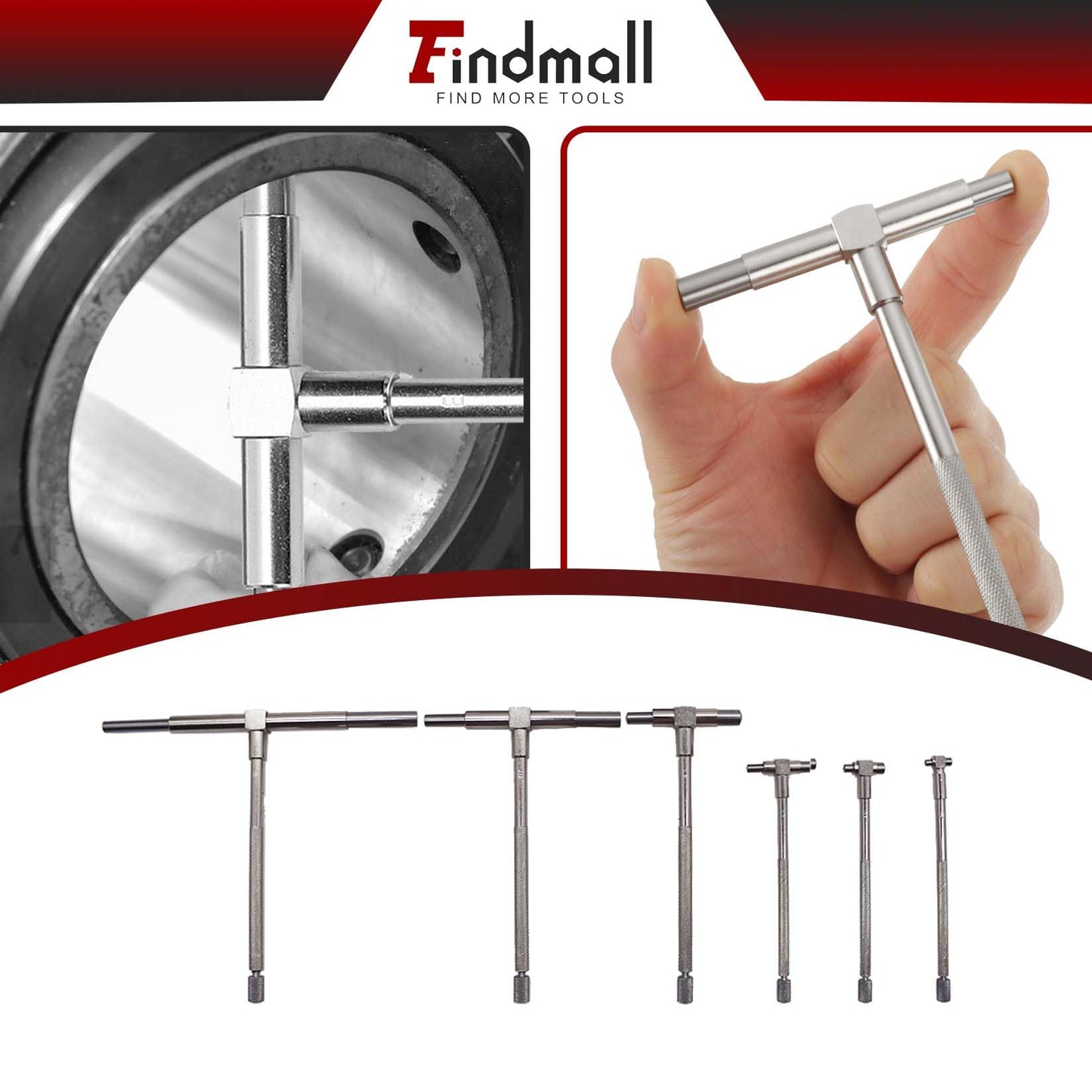 findmall - Juego de 6 calibradores telescópicos de rango de 5/16 a 6 pulgadas, calibre de agujero en T con bolsa de 8 mm a 150 mm, calibre telescópico ajustable