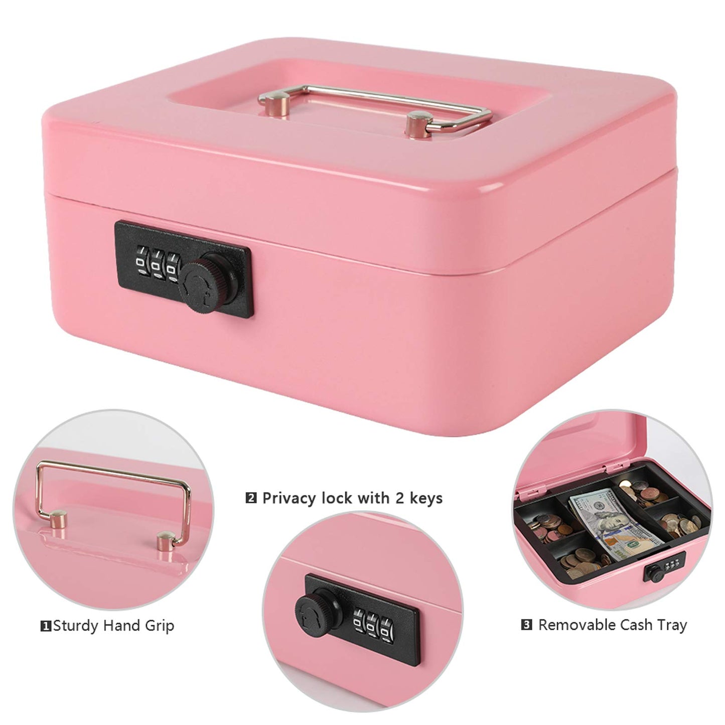 Caja fuerte Xydled de acero con cerradura de combinación, caja fuerte con bandeja extraíble para monedas y cerradura de llave, 20 x 16 x 9 cm.