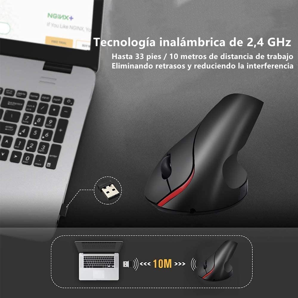 Mouse Ergonómico Inalámbrico Óptico Vertical con Receptor USB 2.4GHz para Mac y Windows