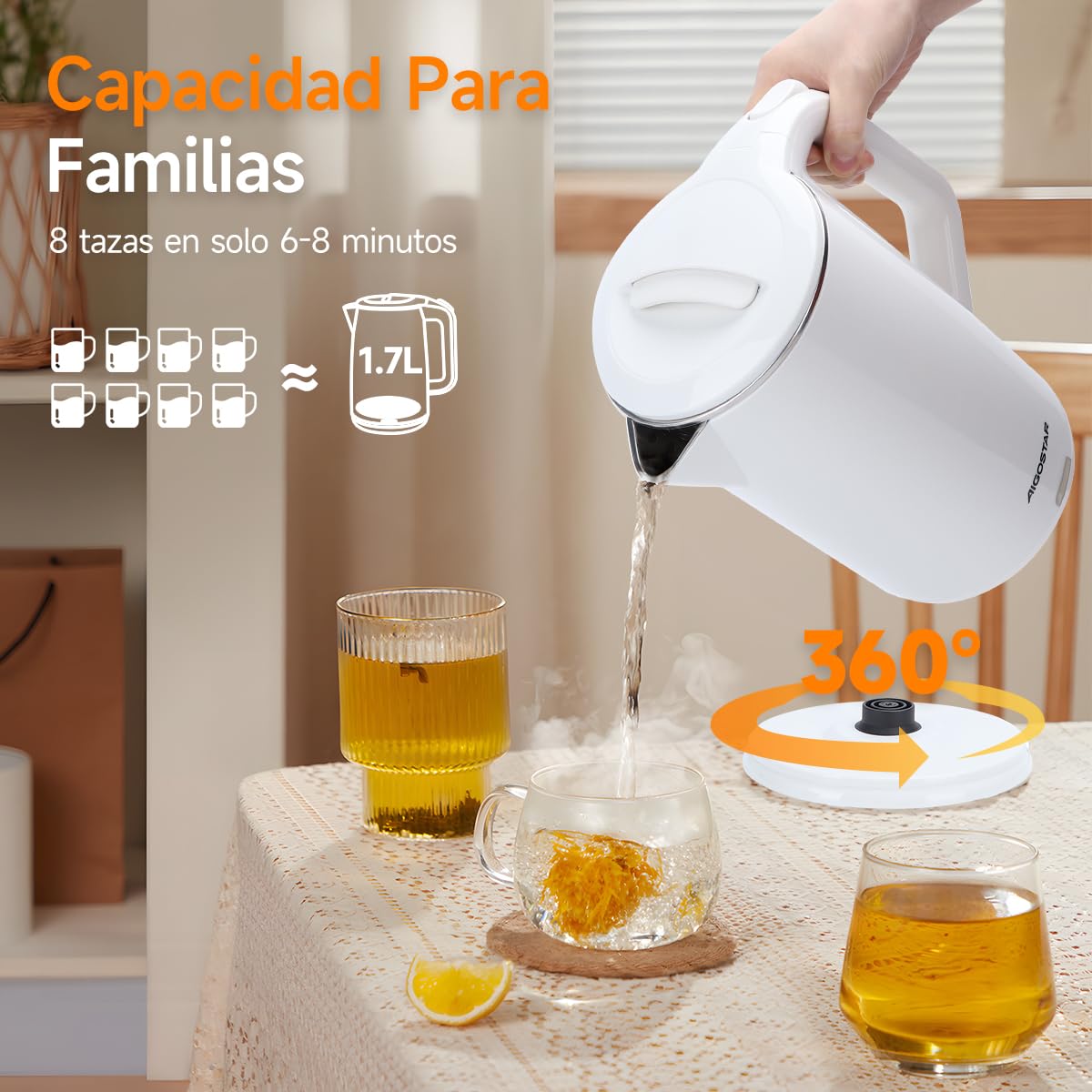 Aigostar Hervidor, Tetera Eléctrica de 1.7 Litros, Doble Pared de Acero Inoxidable, Apagado Automático, 1200w, Base Removible, Blanco (blanco)