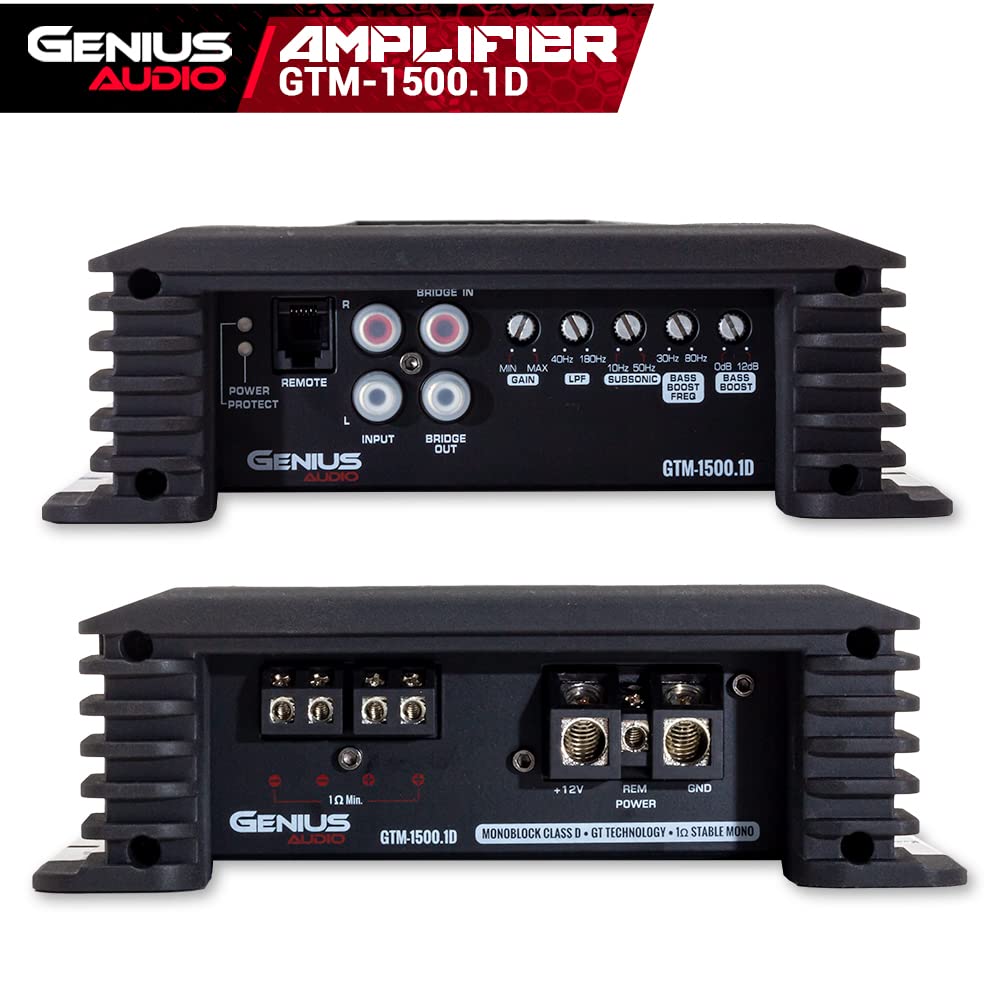 GENIUS - Amplificador compacto Full Range clase D GTM-1500.1D / 3000 watts/estable a 1 ohm con sistema de protección de energía y refuerzo de graves para Bocina y woofer