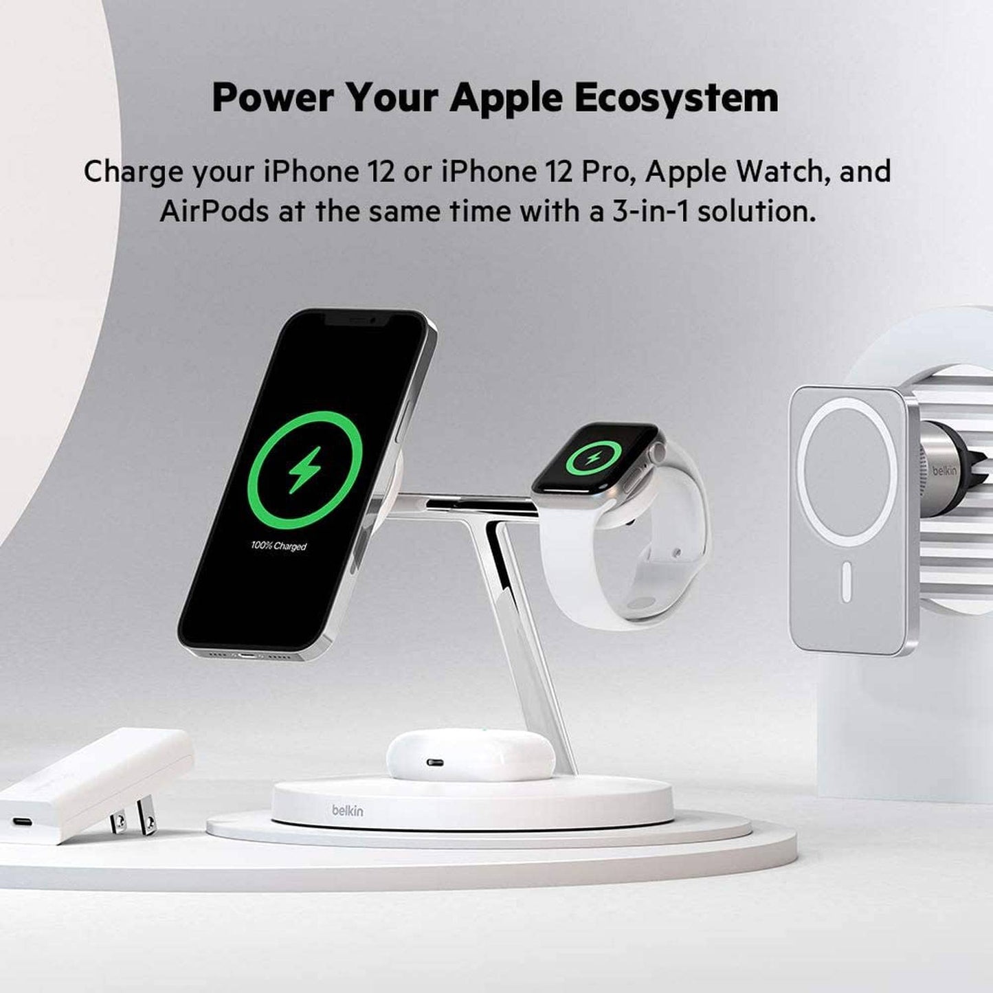 Belkin BoostCharge Pro Cargador inalámbrico 3 en 1 con MagSafe para iPhone 13, 12 + Apple Watch + AirPods (Carga magnéticamente iPhone 13 y 12 Modelos de hasta 15 W)