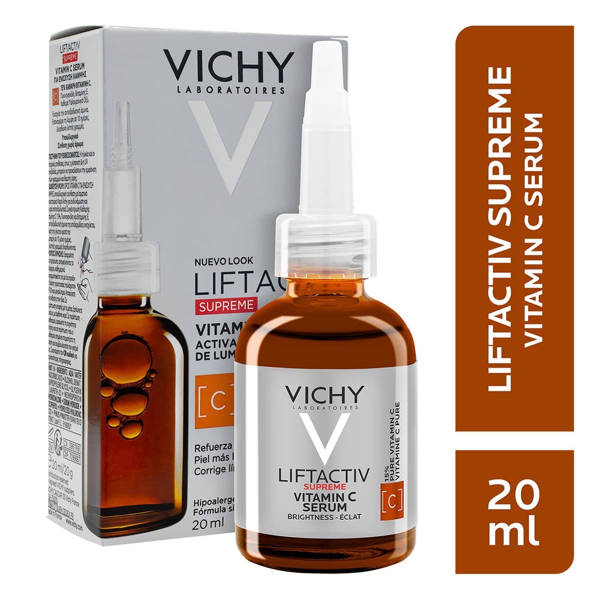 Serum Anti-Oxidante Vitamina C Vichy Liftactiv Supreme 20 ml + Minéral 89 Contorno de Ojos - Gel con Ácido hialurónico y Cafeína pura, alisa, hidrata e ilumina, sin fragancia, para piel sensible.
