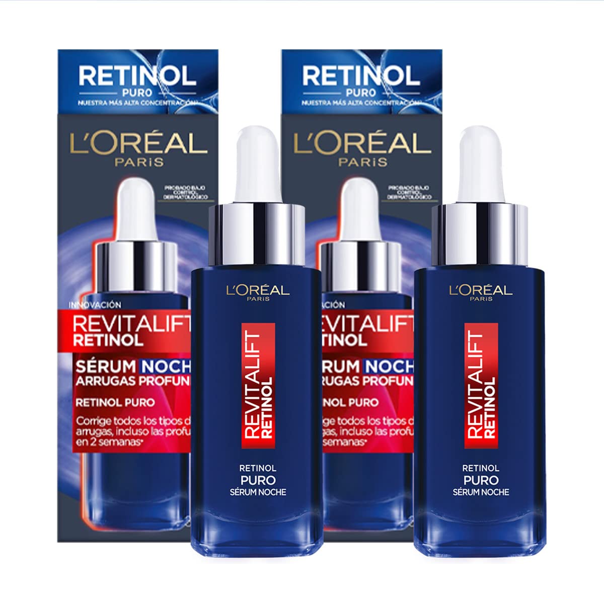 L'OREAL PARIS Kit 2 pack sérum Revitalift Retinol puro anti-arrugas 30ml,Blanco + Crema para ojos anti-líneas de expresion Revitalift Ácido Hialurónico de L'Oréal Paris, 15 ml