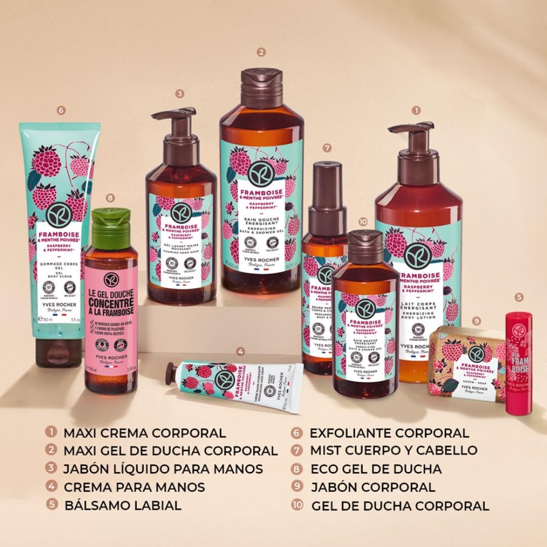 Yves Rocher MAXI TRI PACK Geles de ducha Aromas ENERGIZANTES: FRAMBUESA Y HIERBABUENA + ALGA SALVAJE E HINOJO MARINO + LIMÓN Y ALBAHACA de 400 ml C/U