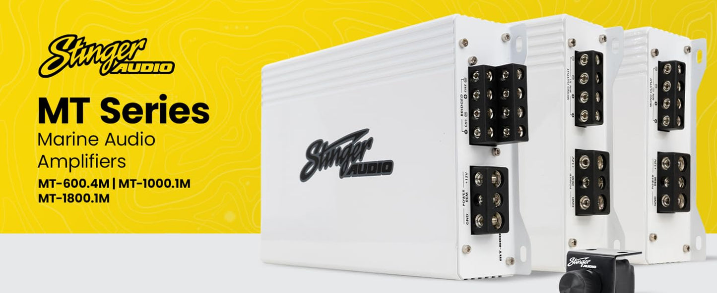 Amplificador Marino Monobloque Stinger Audio MT-1000.1M Mosfet Resistente al Agua 1000 W RMS con Filtro Subónico y Mando a Distancia