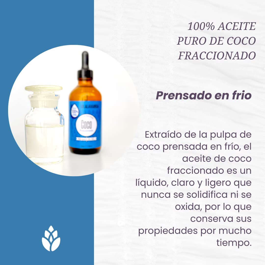 LilaLavanda - Aceite de Coco Fraccionado, 100% natural y puro, sin rellenos, sin aromas añadidos, prensado en frío. Para masaje y porta aceites esenciales - 118 ml