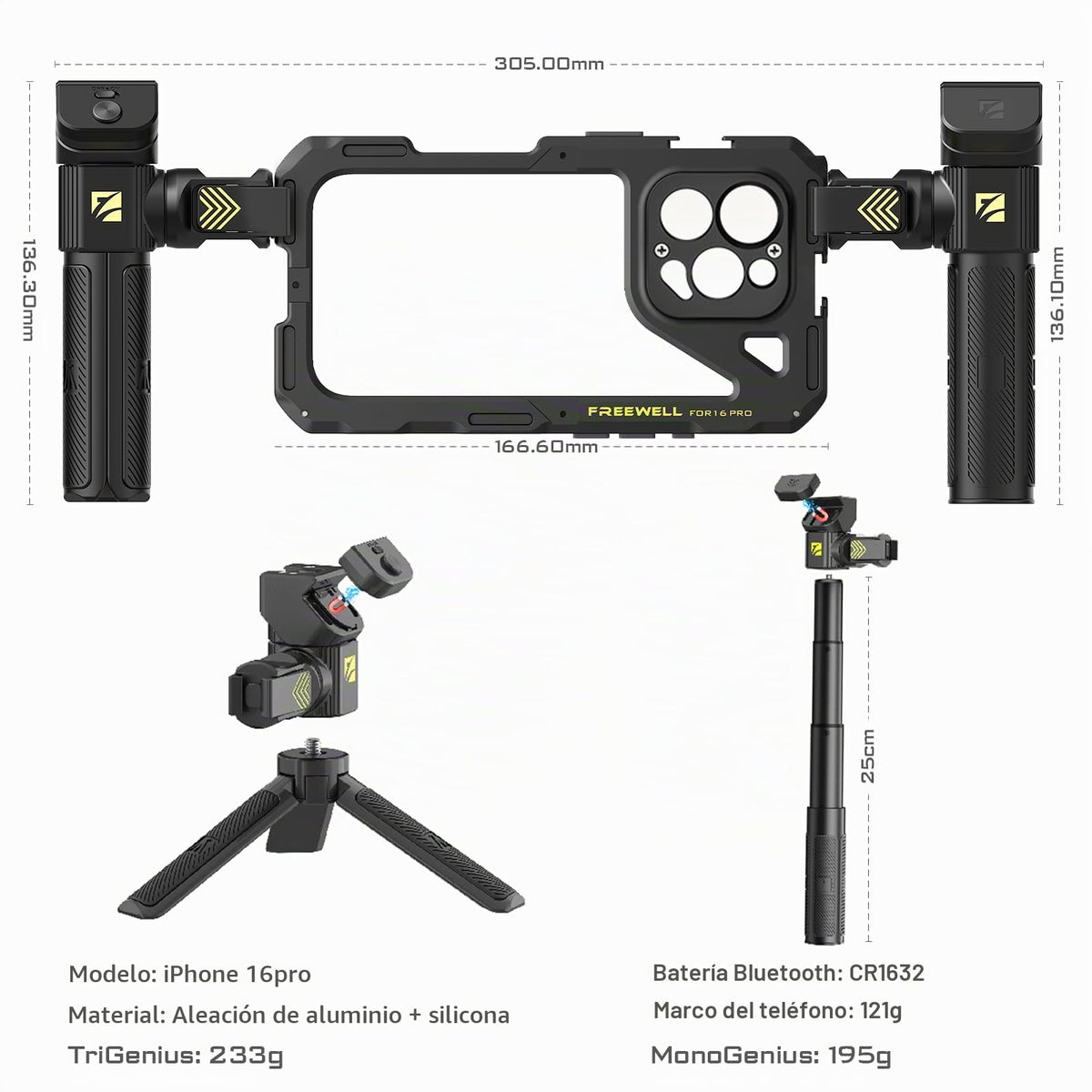 Rig Cage Freewell iPhone 16 Pro Negro Configuración sin Herramientas con Asas Multifuncionales y Control Remoto Bluetooth