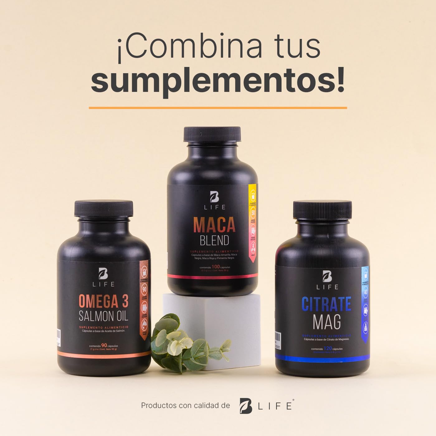 Complejo de Maca 100 Cápsulas 1000 mg por porción. Maca Amarilla, Negra, Roja y Pimienta Negra. Ingredientes naturales. Maca Blend B Life.