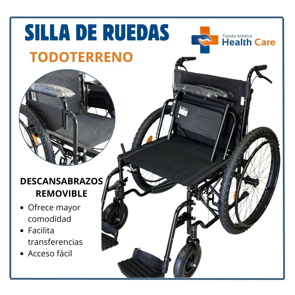 CARRE - SILLA DE RUEDAS PARA ADULTO TODO TERRENO DE LUJO NEUMATICA, RESISITENTE PLEGABLE, DESCANSAPIES REMOVIBLE, DESCANSABRAZOS REMOVIBLE, RESPALDO PLEGABLE, ACERO ESMALTADO SCT-002