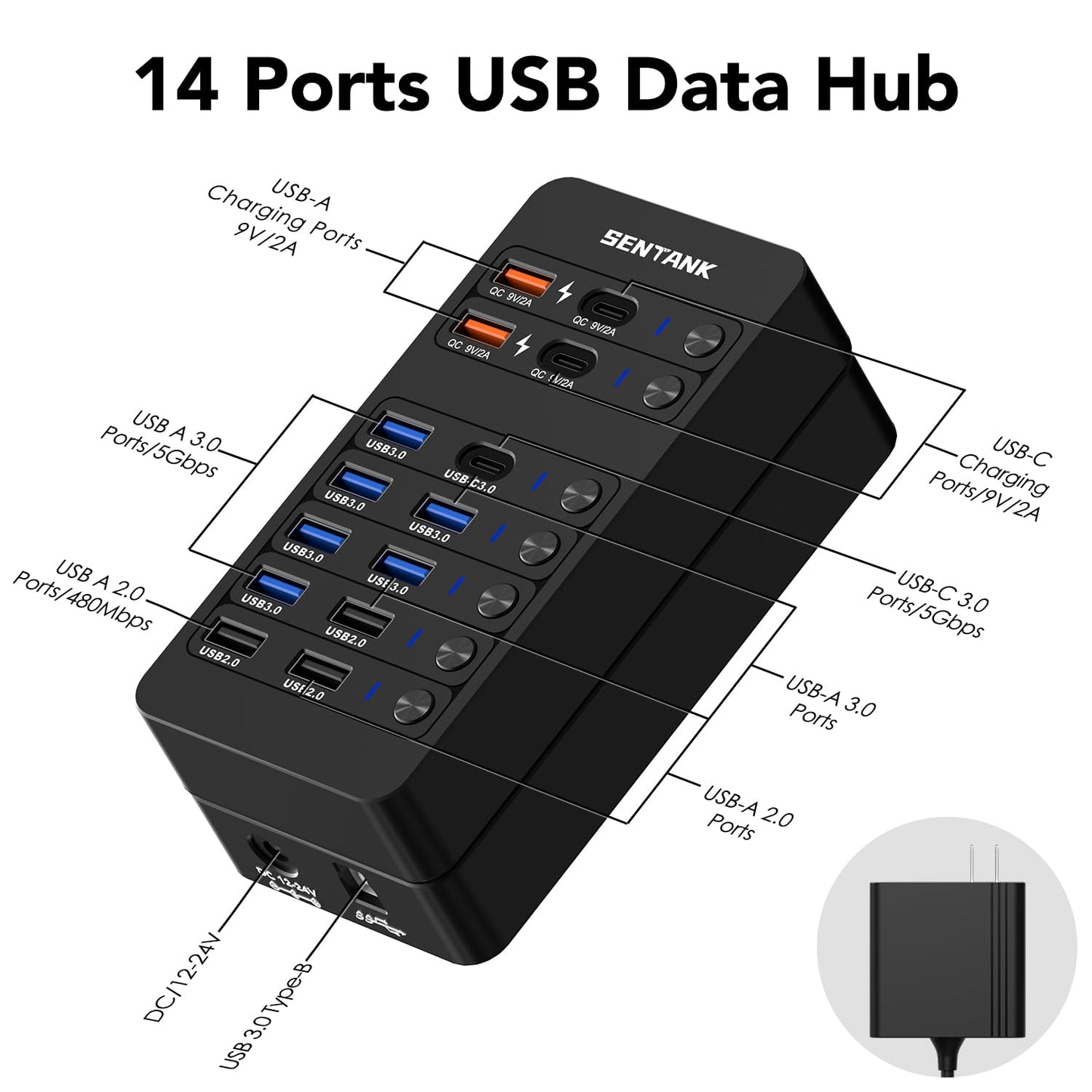 Hub USB SENTANK Negro con 14 Puertos y Carga Rápida