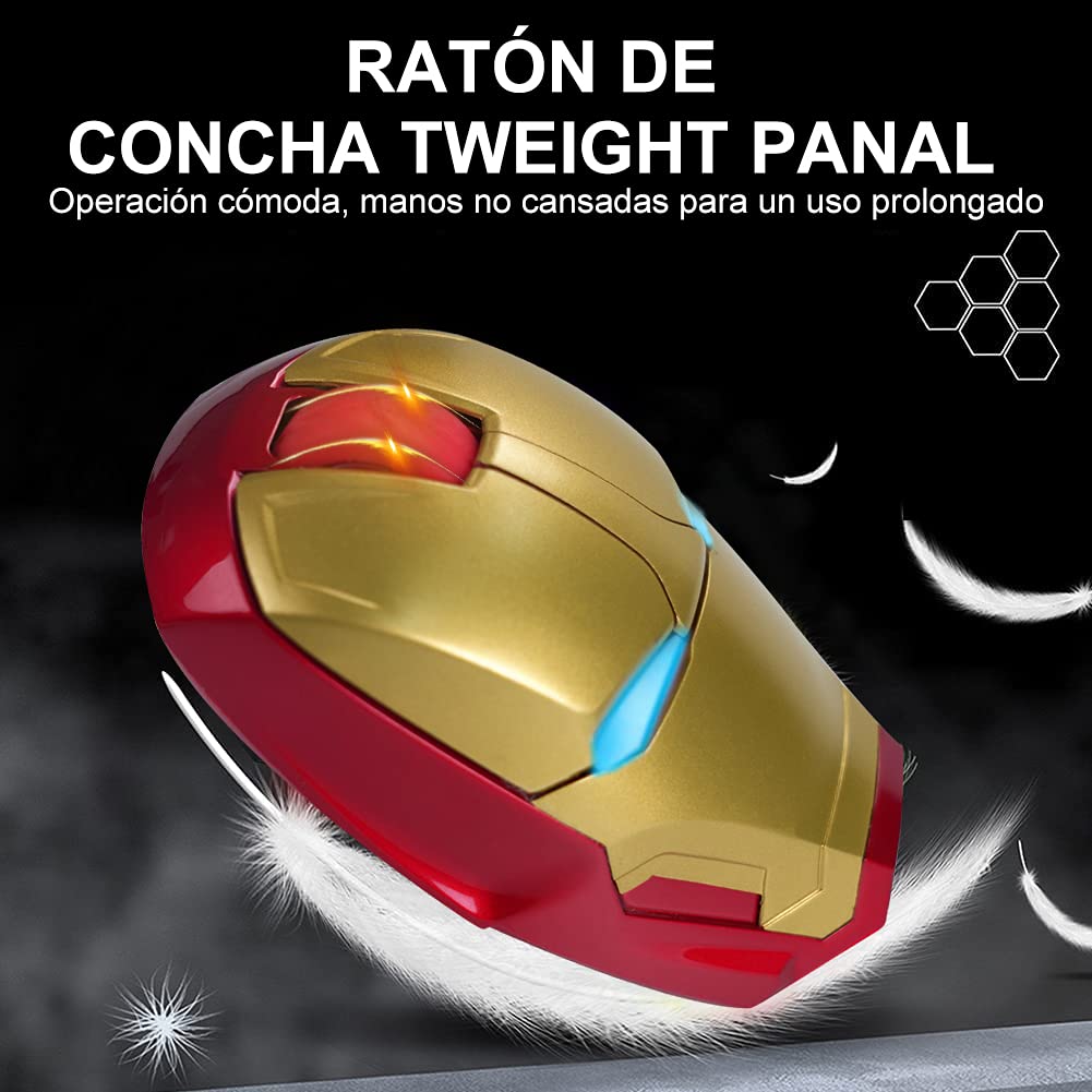 Iron Man Mouse inalámbrico para gamers,Mouse óptico inalámbrico y súper silencioso de 2.4 Ghz con luz LED ideal para agarre ergonómico,con Receptor USB y 3(600/1200/1600)Ajustable DPI Ratón,(dorado)