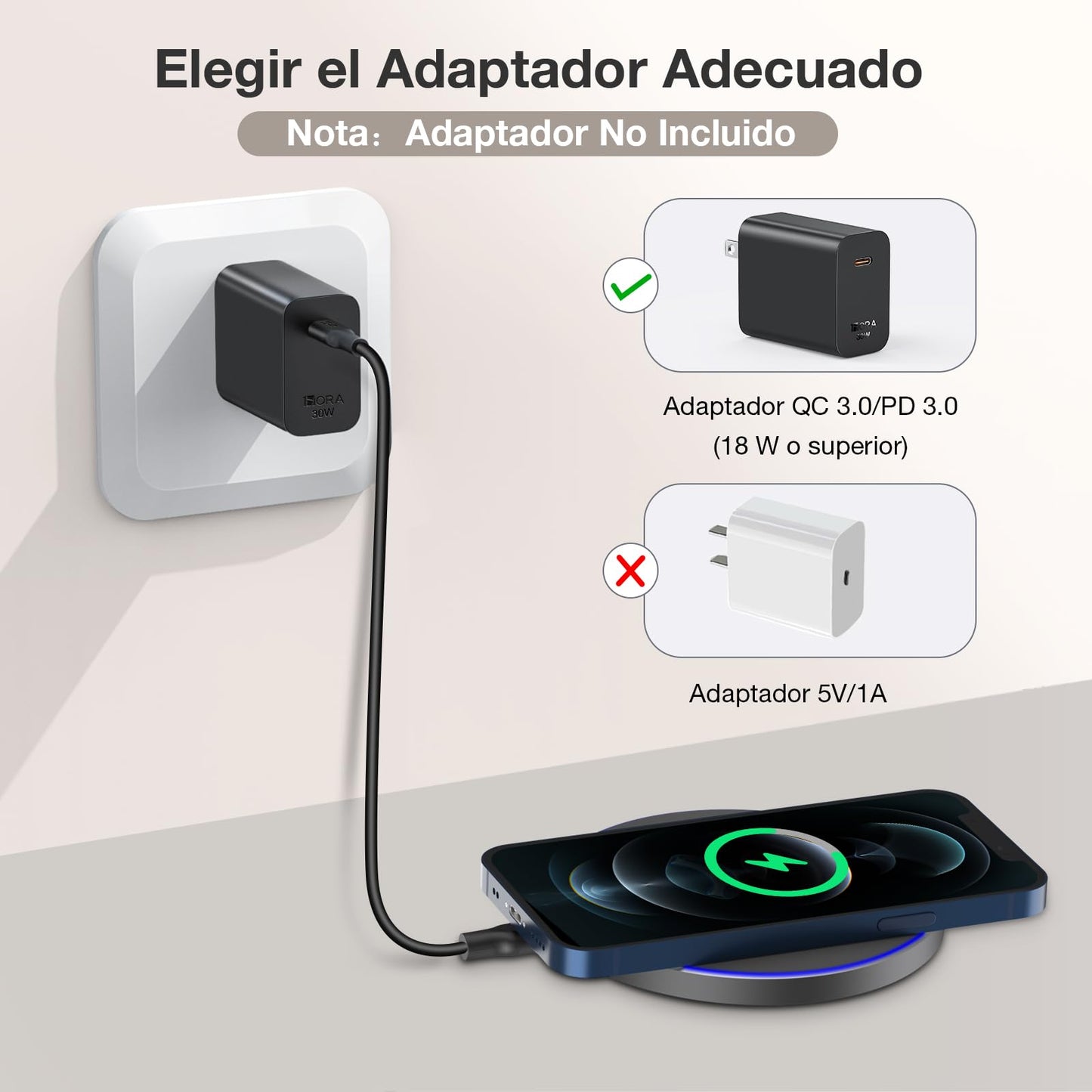 1 Hora Cargador Inalámbrico 15W, Wireless Charger Qi con Cable 3A Compatible para iPhone, Samsung, Huawei, Xiaomi, Airpods 3rd etc