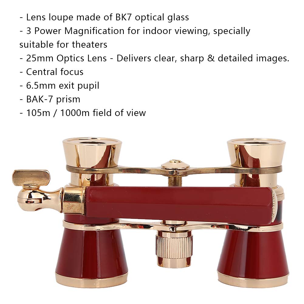 Fosa Binoculares, telescopio Binocular portátil de Aumento 3X Opera con Lente óptica de 25 mm, Campo de visión de 105 m/1000 m, Limpieza de Lentes, Regalos para Teatro, Mujeres, niñas, niños(Rojo)