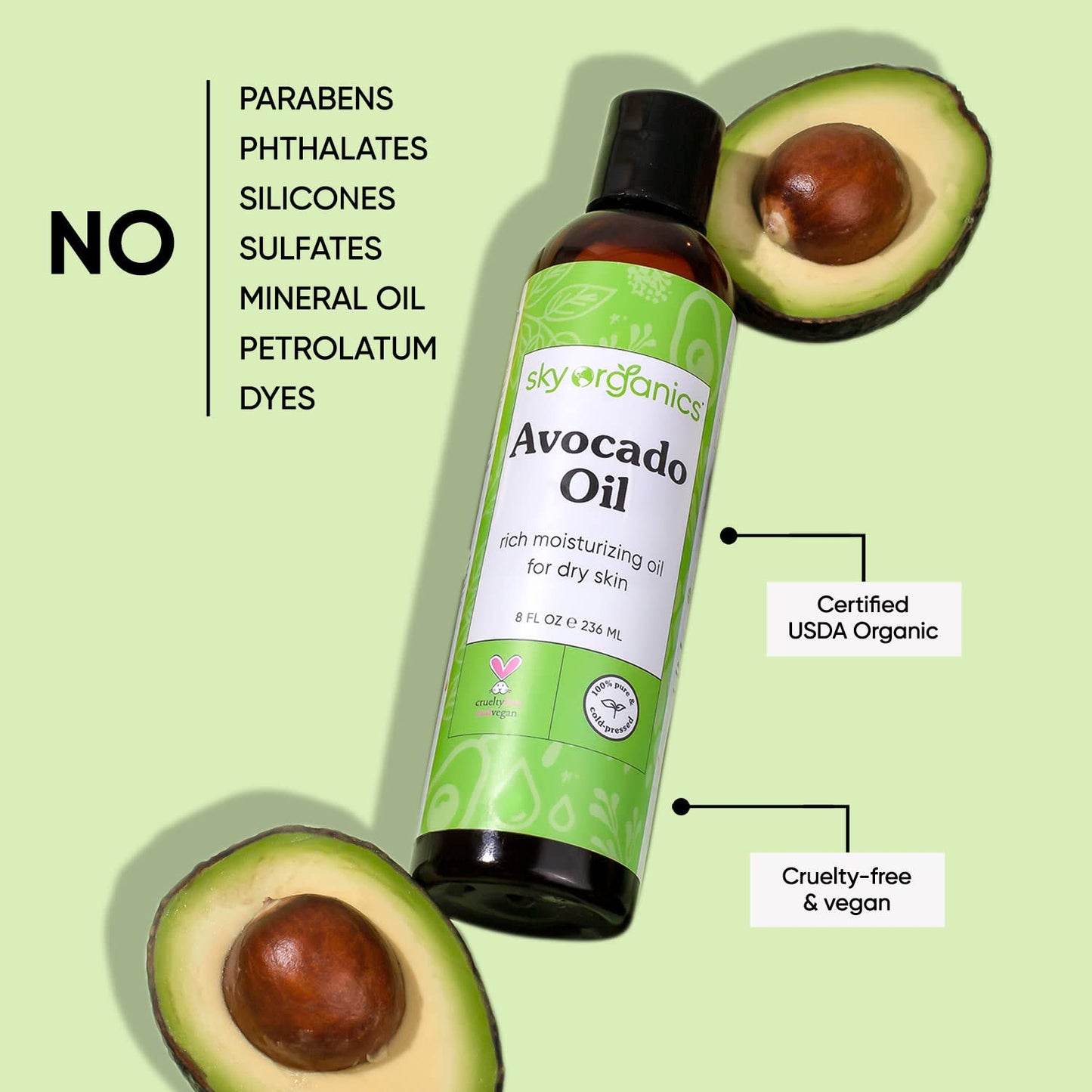 Avocado Oil by Sky Organics - 100% Pure, Natural & Cold-Pressed Avocado Oil - Ideal for Massage, Cooking and Aromatherapy- Rich in Vitamin E and Oleic Acid - 8oz