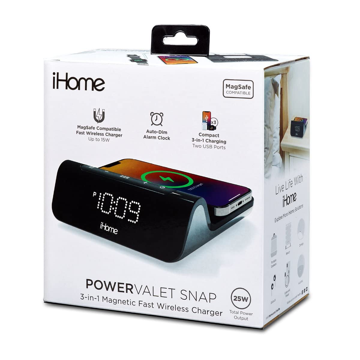 iHome 3 en 1 Reloj magnético de carga inalámbrica rápida para dispositivos habilitados Magsafe, carga USB-C y USB-A, salida de potencia total de 25 W (iW23)