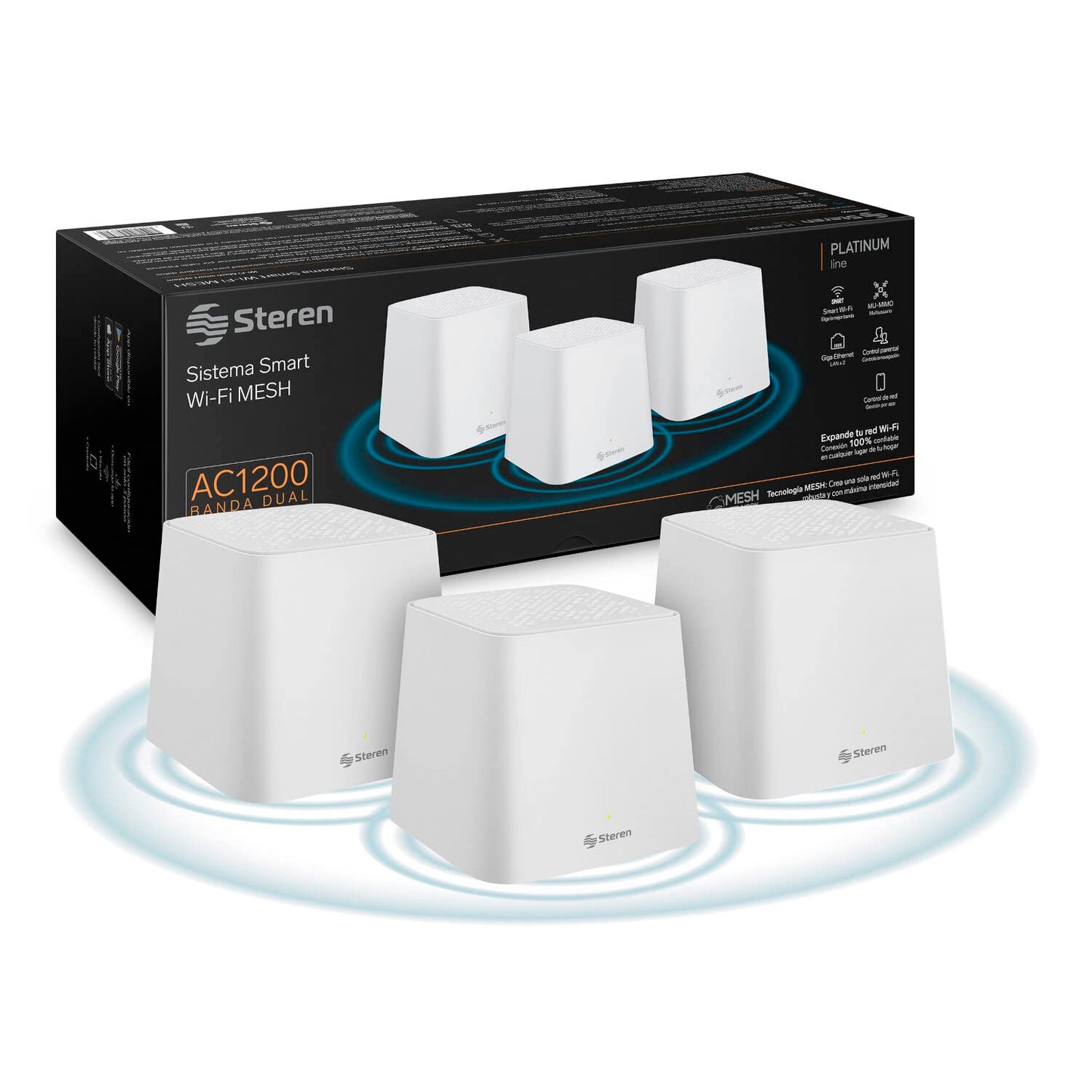 STEREN MESH-300 Sistema Smart Wi-Fi Mesh Triple, 2,4 GHz y 5 GHz (B/G/N/A/AC/V/R), hasta 900 Mbps, 2 Puertos LAN Fast Ethernet por Cada módulo, Color Blanco, gestión Desde App