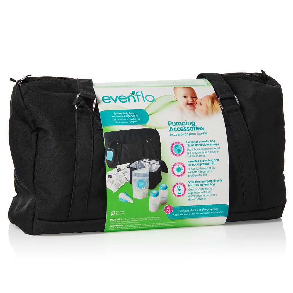 Bolsa de Accesorios de Bombeo Evenflo Feeding Negra con Botellas y Adaptadores para Lactancia Materna