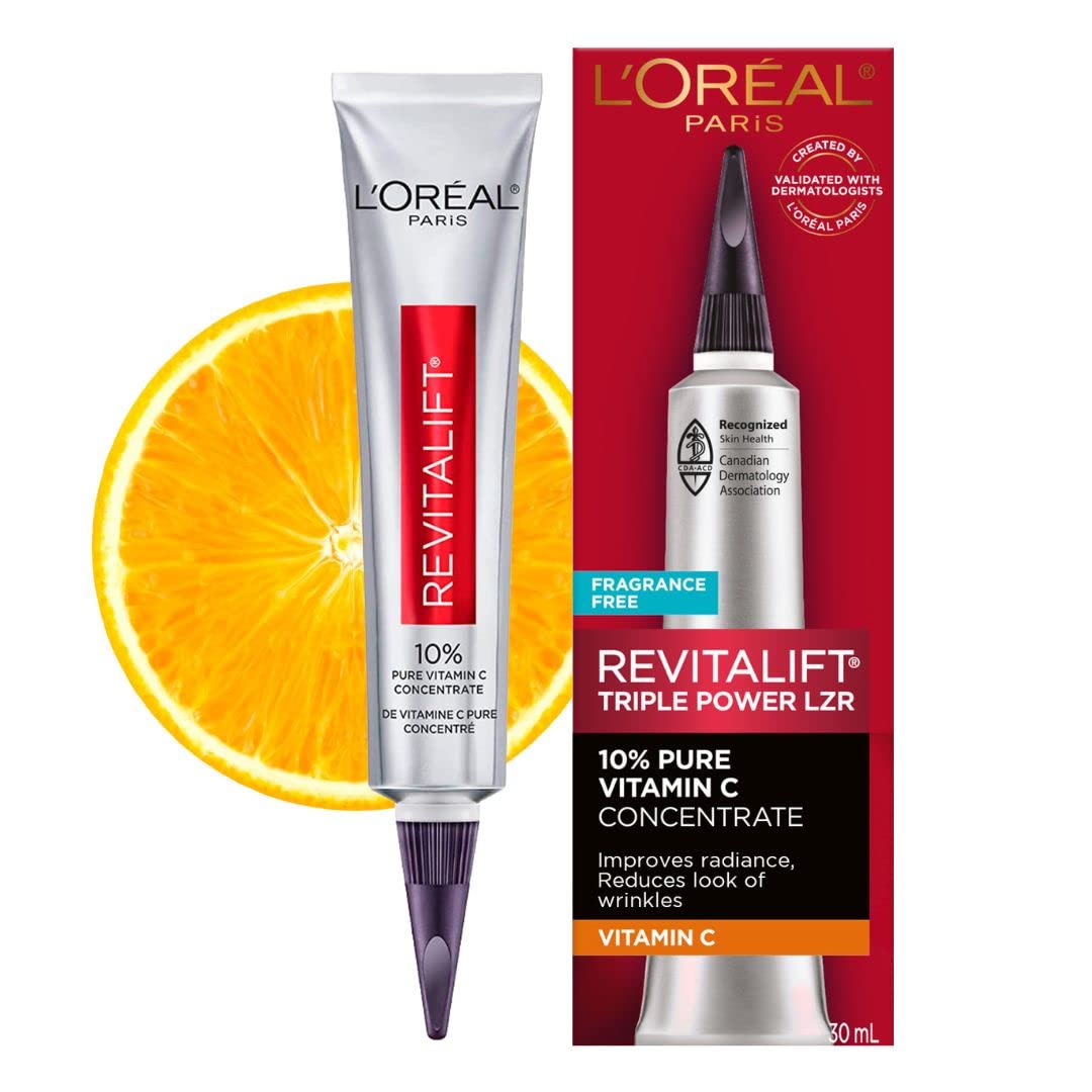 Suero de vitamina C de L'Oreal Paris, Revitalift Derm Intensives Pure Vitamin C para piel radiante y más brillante, tono de piel uniforme y arrugas visiblemente reducidas, sin parabenos, no comedógeno