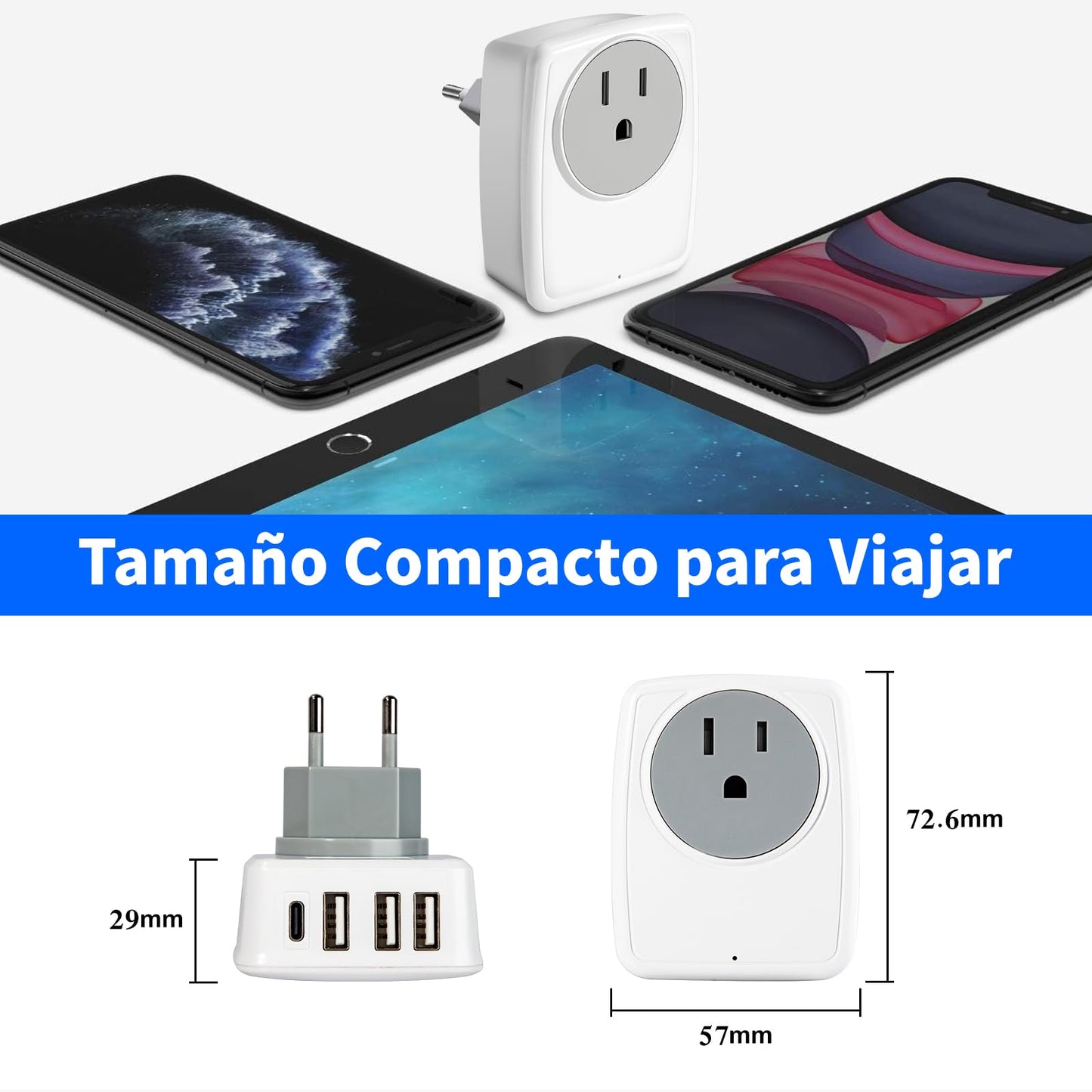 Adaptador de Enchufe Europeo de Viaje con USB C y 3 Puertos USB para España Francia Alemania Grecia Islandia