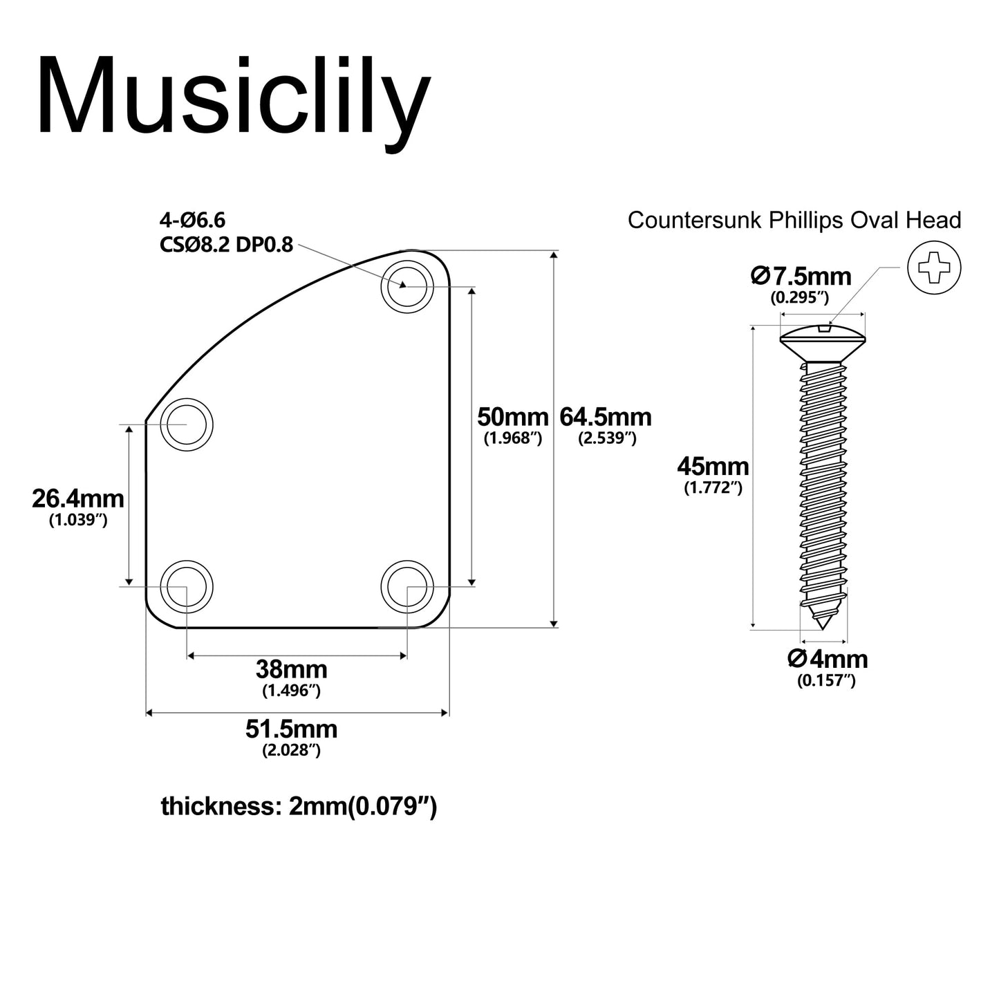 Musiclily Pro Placa Mástil Curvada de Acero Neck Plate para Guitarra Eléctrica Strat Tele o Bajo, Dorado