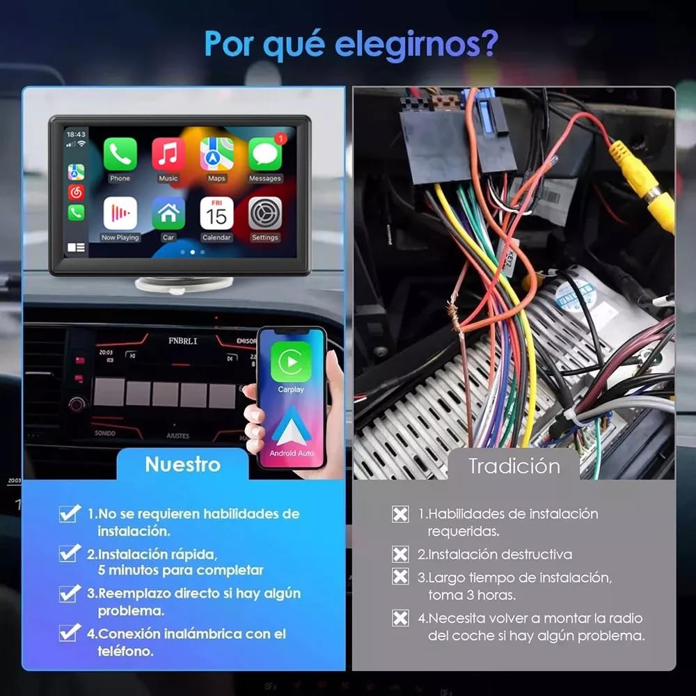 FINYQBET Pantalla Inalámbrica Estéreo para Coche, 7 Pulgadas, Apple Carplay & Android Auto/Mirror Link, IPS HD Pantalla Completa Táctil, Control de Voz, FM, AUX, TF + Cámara Trasera