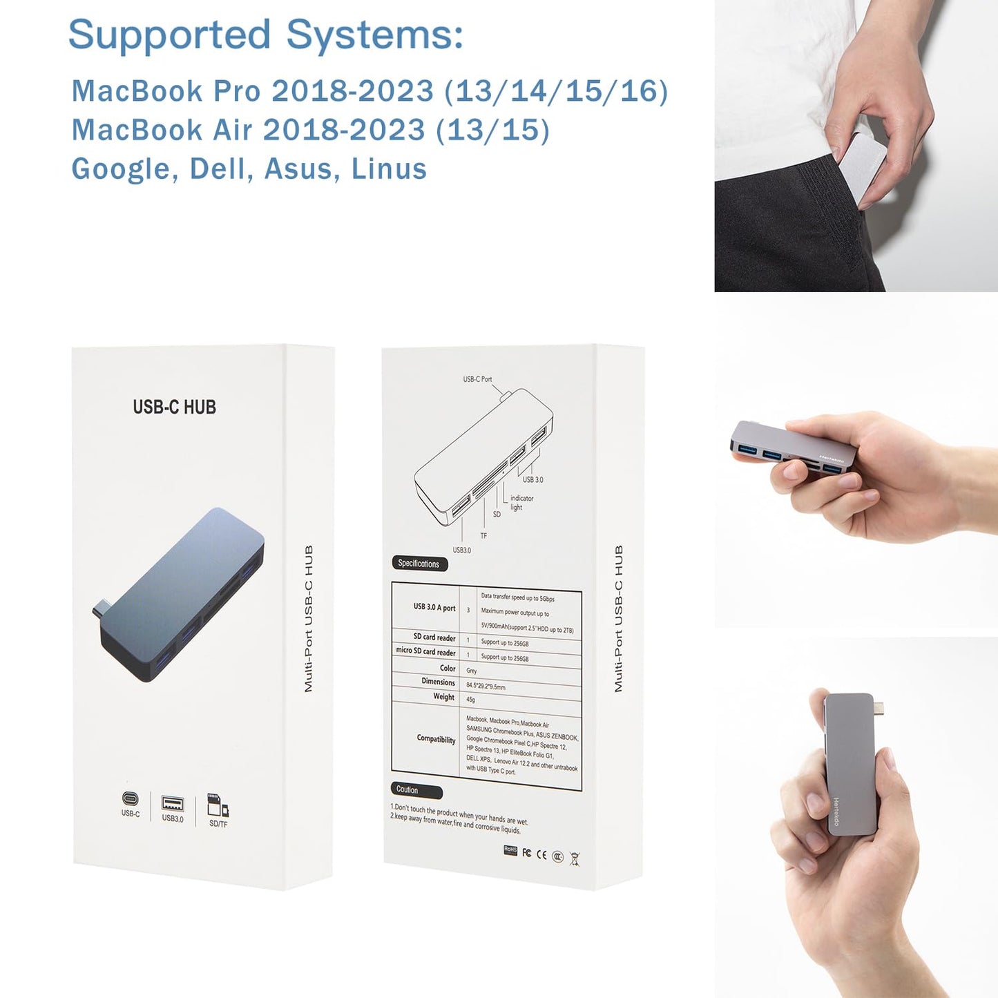 Adaptador USB C Hub Tipo C con 3 Puertos USB 3.0 y Lector de Tarjeta SD/TF Compatible con MacBook, MacBook Pro, MacBook Air, Dell, Asus, Huawei, Microsoft Surface