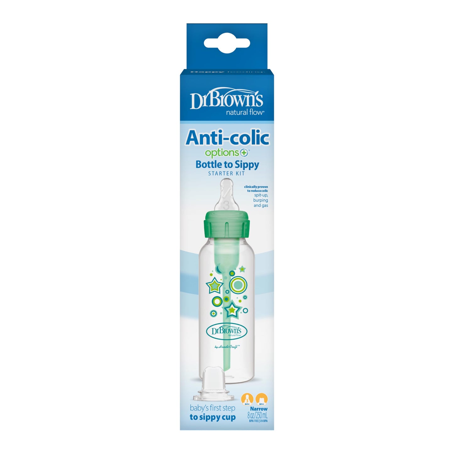 Dr. Brown's Natural Flow Options+ Kit de Transición 2 en 1 del Biberón al Vasito, Verde (Green), 270 ml