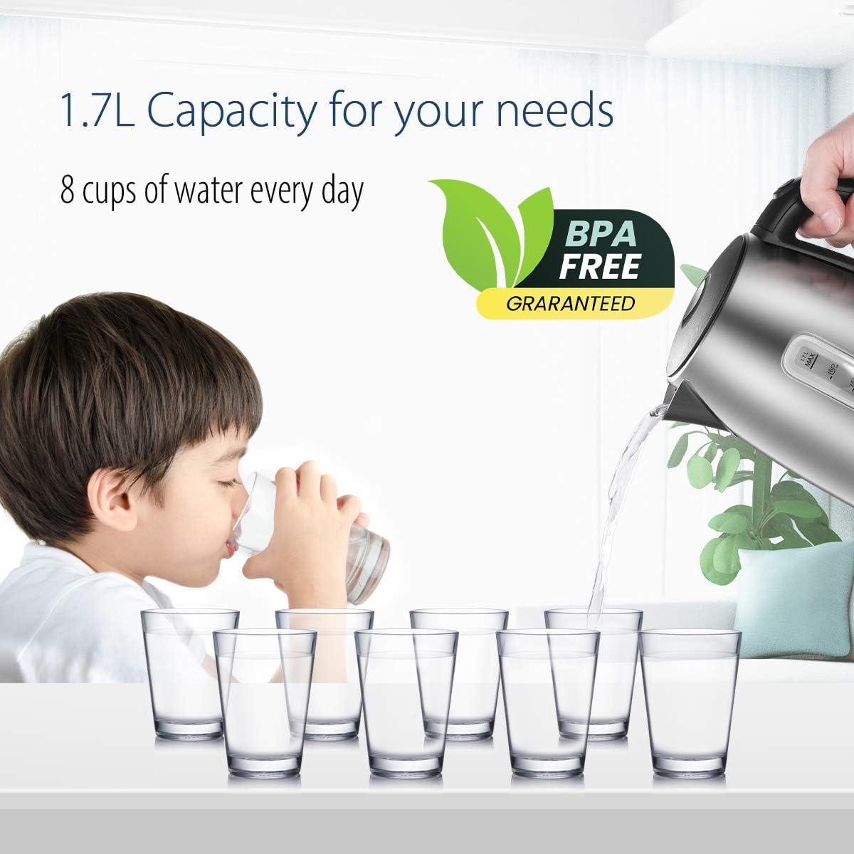 COMFEE' Hervidor eléctrico de acero inoxidable, hervidor eléctrico y de agua caliente de 1,7 litros, hervidor rápido de 1500 W con luz LED, apagado automático y protección contra ebullición en seco