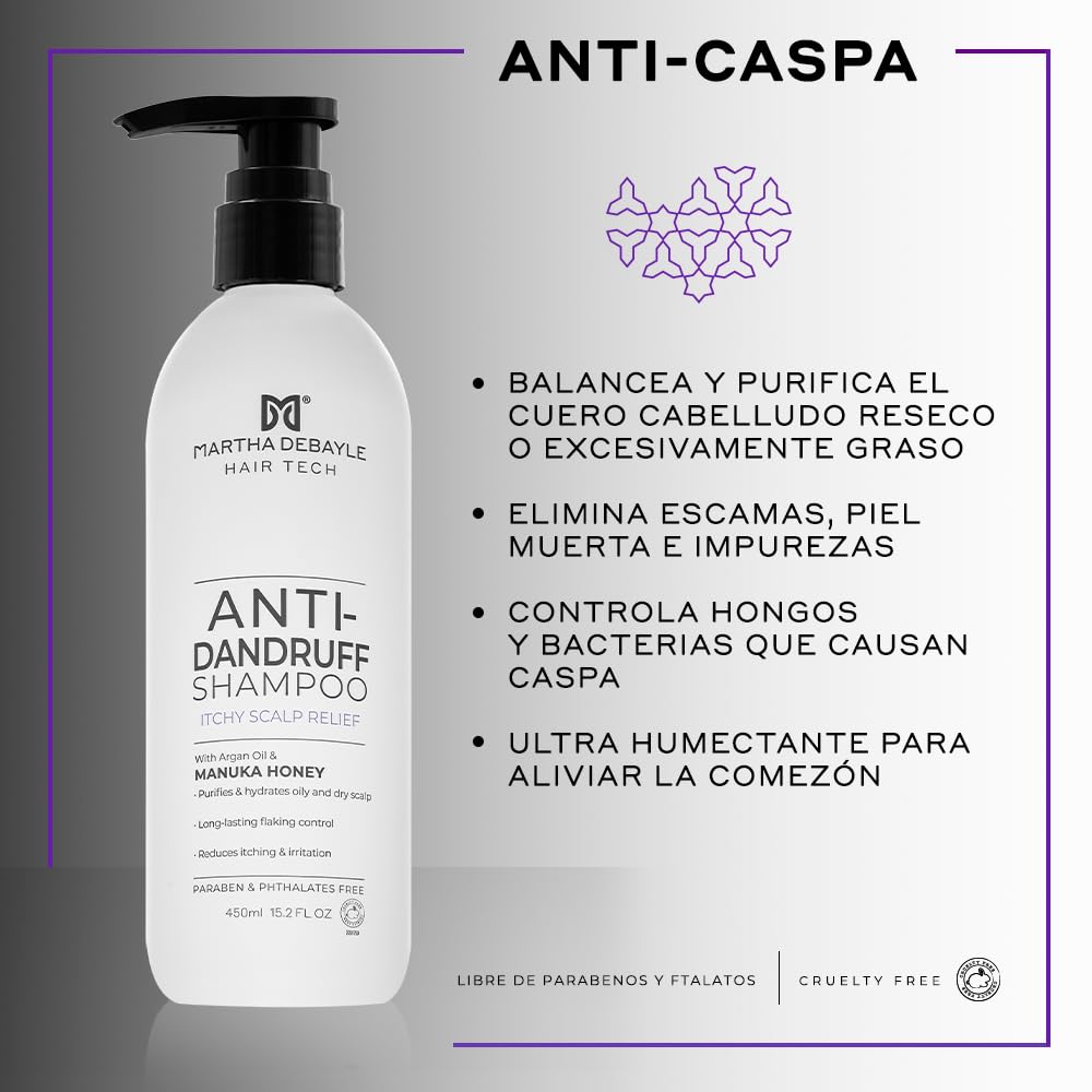 Martha Debayle Shampoo Anti-Caspa. Con Piritionato de Zinc, Miel de Manuka y Aceite de Argán, 450 ml.
