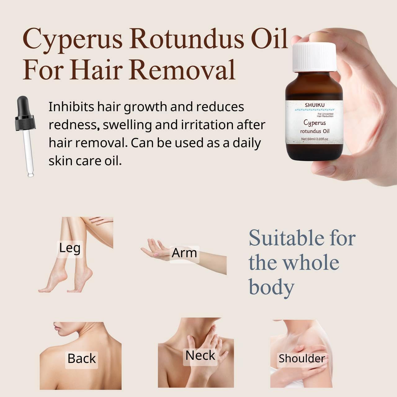 Pack Doble de Aceite de Cyperus rotundus Premium para Eliminar Vello Corporal - 100% Natural - Tratamiento Efectivo con Aroma Relajante
